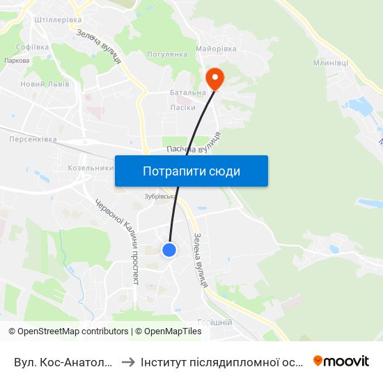 Вул. Кос-Анатольського to Інститут післядипломної освіти КНУБА map