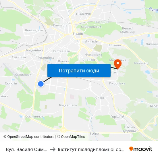 Вул. Василя Симоненка to Інститут післядипломної освіти КНУБА map