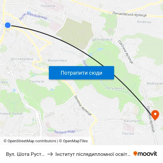 Вул. Шота Руставелі to Інститут післядипломної освіти КНУБА map