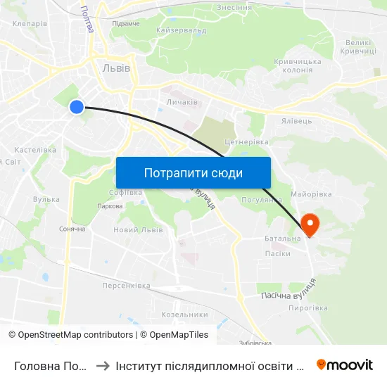 Головна Пошта to Інститут післядипломної освіти КНУБА map