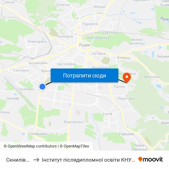 Скнилівок to Інститут післядипломної освіти КНУБА map