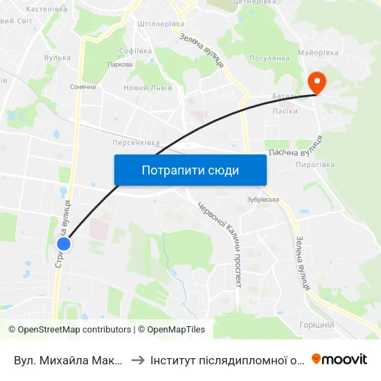 Вул. Михайла Максимовича to Інститут післядипломної освіти КНУБА map