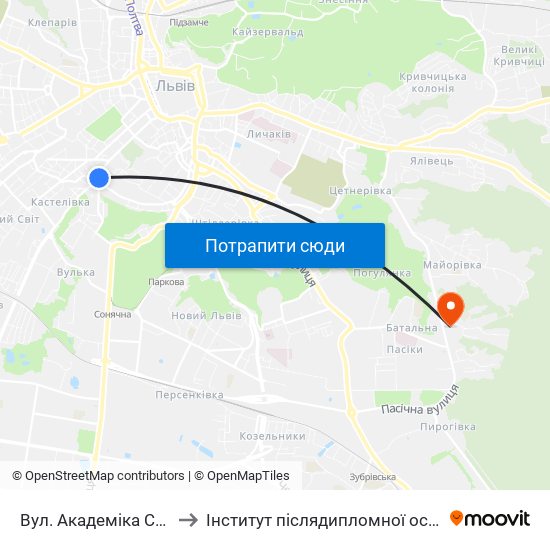 Вул. Академіка Сахарова to Інститут післядипломної освіти КНУБА map