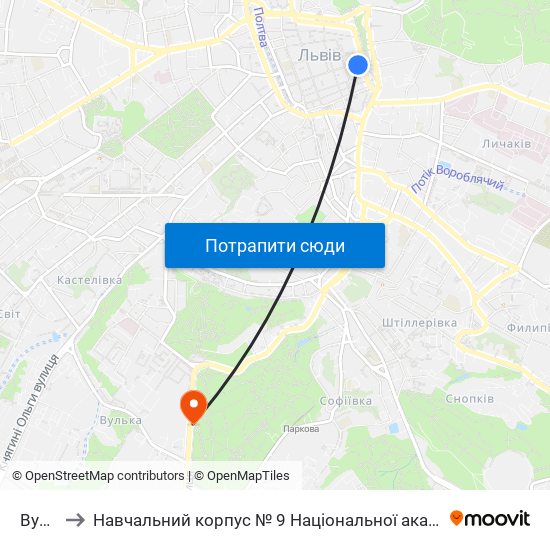 Вул. Руська to Навчальний корпус № 9 Національної академії сухопутних військ України імені гетьмана Петра Сагайдач map