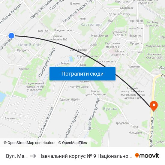 Вул. Максима Залізняка to Навчальний корпус № 9 Національної академії сухопутних військ України імені гетьмана Петра Сагайдач map
