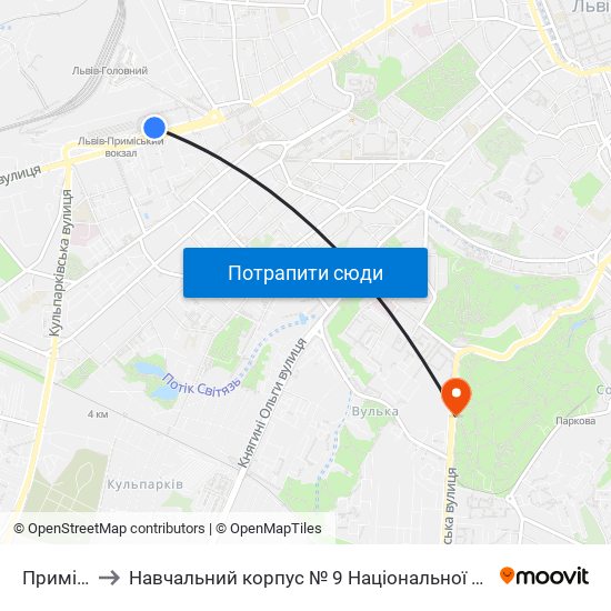 Приміський Вокзал to Навчальний корпус № 9 Національної академії сухопутних військ України імені гетьмана Петра Сагайдач map