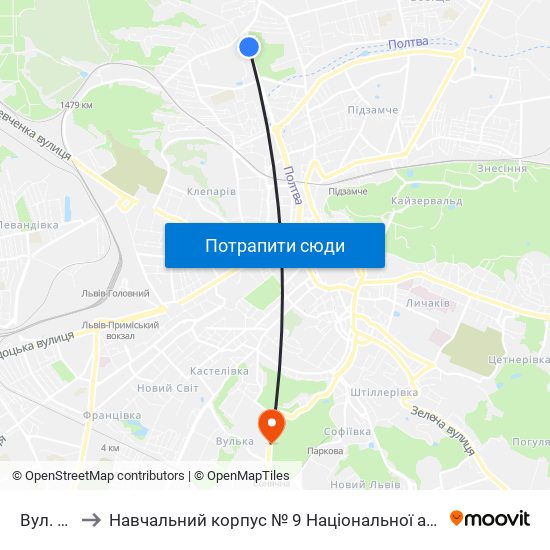 Вул. Варшавська to Навчальний корпус № 9 Національної академії сухопутних військ України імені гетьмана Петра Сагайдач map