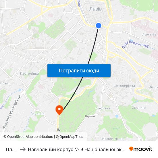 Пл. Галицька to Навчальний корпус № 9 Національної академії сухопутних військ України імені гетьмана Петра Сагайдач map