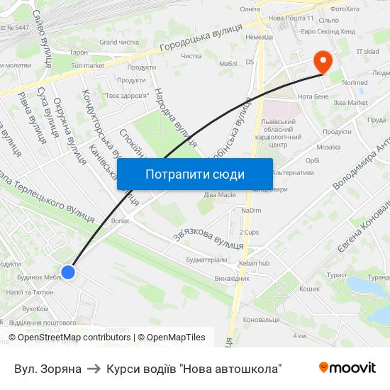 Вул. Зоряна to Курси водіїв "Нова автошкола" map