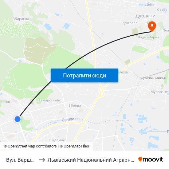 Вул. Варшавська to Львівський Національний Аграрний Університет map