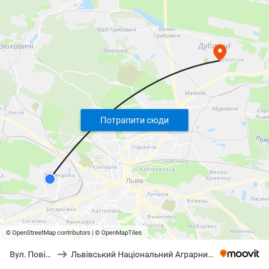 Вул. Повітряна to Львівський Національний Аграрний Університет map