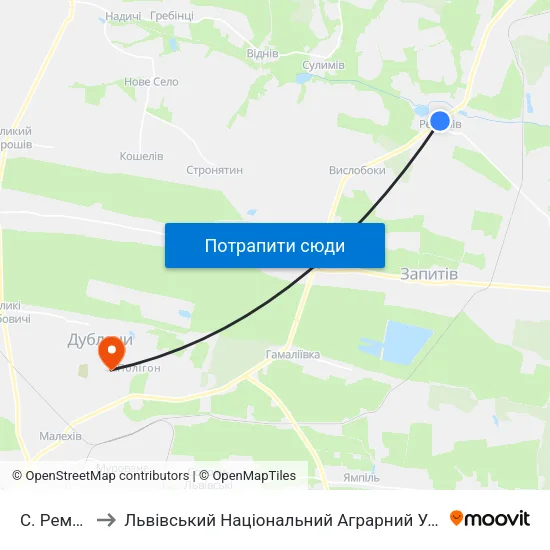 С. Ременів to Львівський Національний Аграрний Університет map