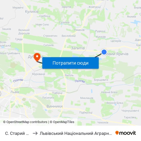 С. Старий Яричів to Львівський Національний Аграрний Університет map