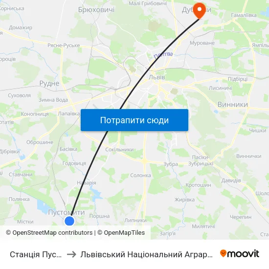 Станція Пустомити to Львівський Національний Аграрний Університет map