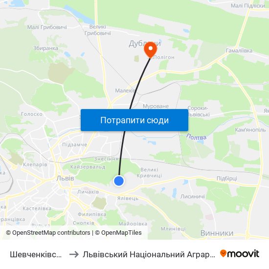 Шевченківський Гай to Львівський Національний Аграрний Університет map