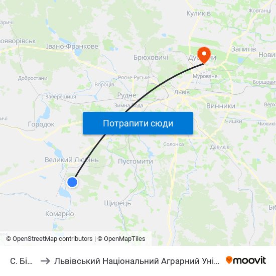 С. Бірче to Львівський Національний Аграрний Університет map