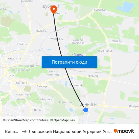 Винники to Львівський Національний Аграрний Університет map