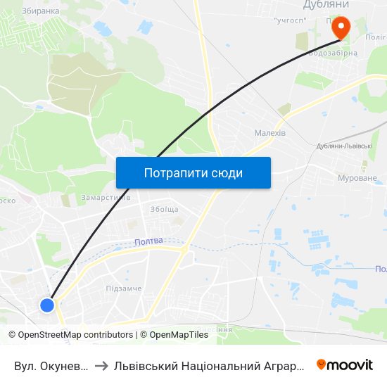 Вул. Окуневського to Львівський Національний Аграрний Університет map