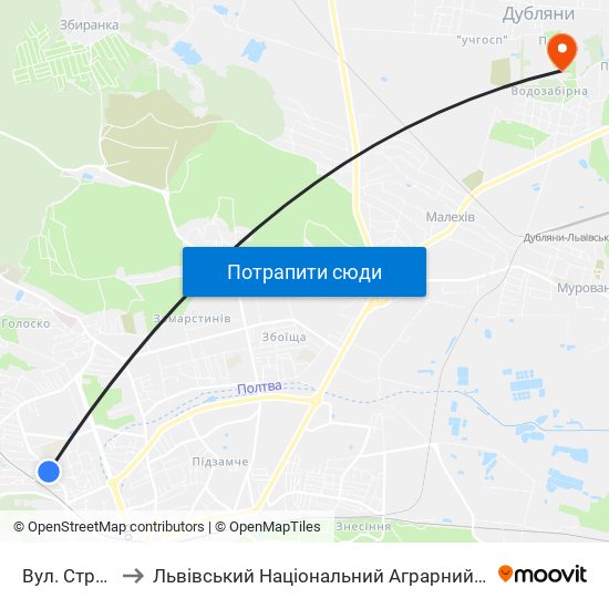 Вул. Струмок to Львівський Національний Аграрний Університет map