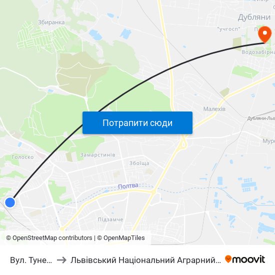 Вул. Тунельна to Львівський Національний Аграрний Університет map