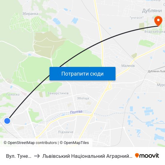 Вул. Тунельна to Львівський Національний Аграрний Університет map