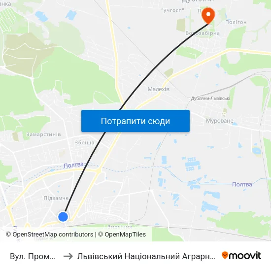 Вул. Промислова to Львівський Національний Аграрний Університет map