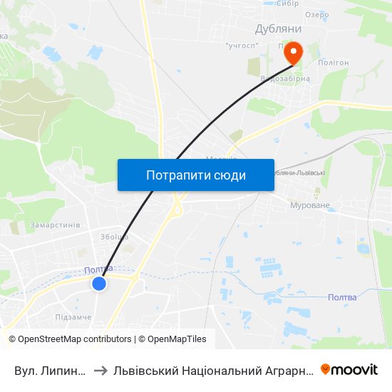 Вул. Липинського to Львівський Національний Аграрний Університет map