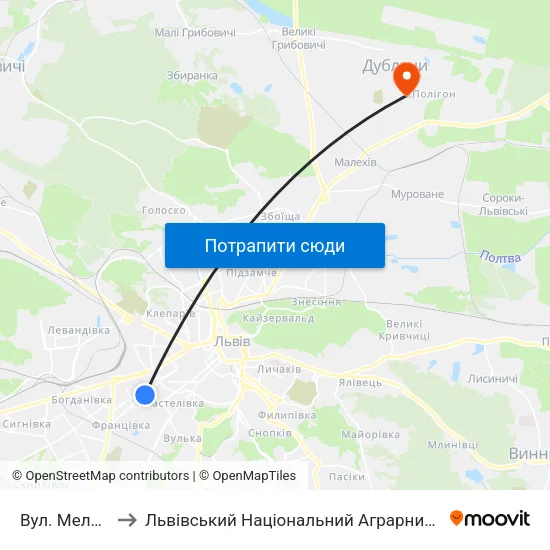 Вул. Мельника to Львівський Національний Аграрний Університет map