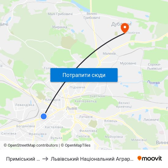 Приміський Вокзал to Львівський Національний Аграрний Університет map