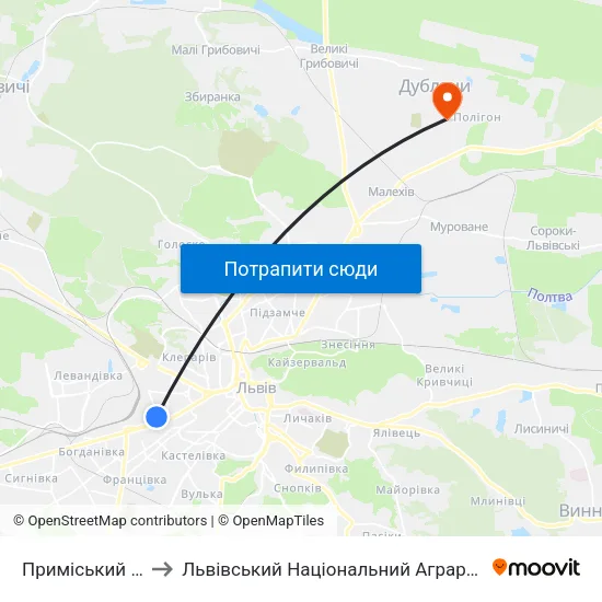 Приміський Вокзал to Львівський Національний Аграрний Університет map