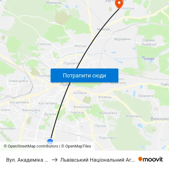 Вул. Академіка Підстригача to Львівський Національний Аграрний Університет map