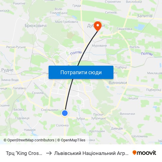 Трц "King Cross Leopolis" to Львівський Національний Аграрний Університет map