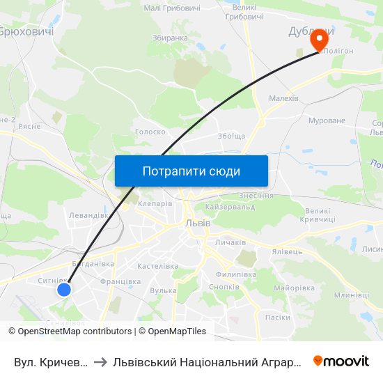 Вул. Кричевського to Львівський Національний Аграрний Університет map