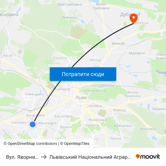 Вул. Яворницького to Львівський Національний Аграрний Університет map