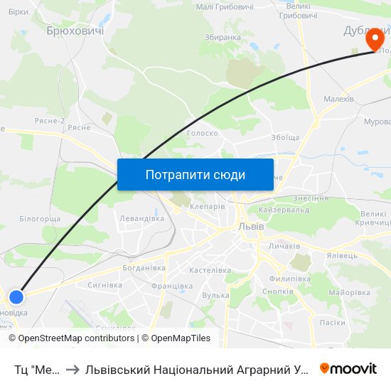 Тц "Metro" to Львівський Національний Аграрний Університет map