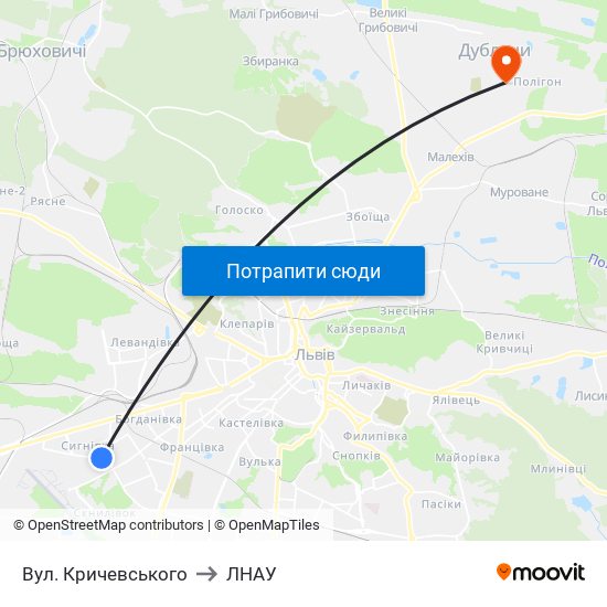 Вул. Кричевського to ЛНАУ map