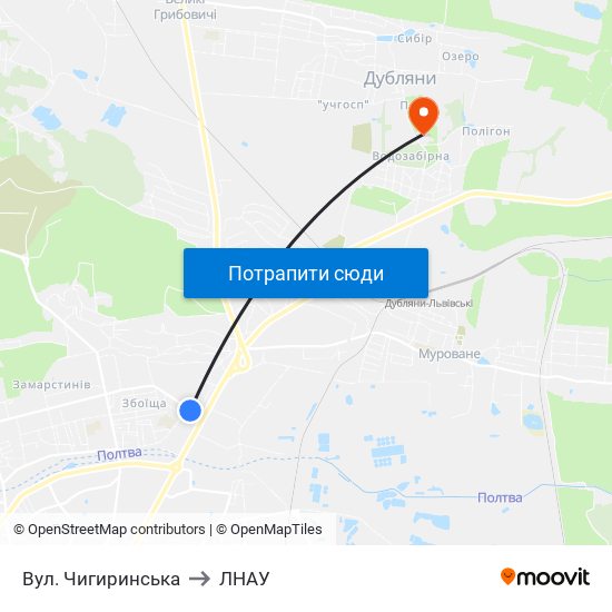 Вул. Чигиринська to ЛНАУ map