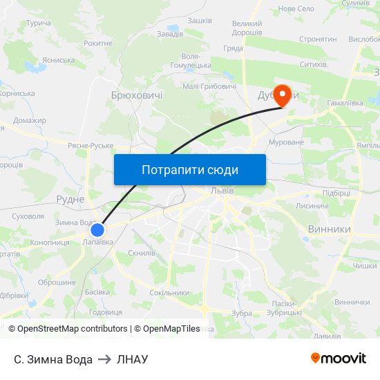 С. Зимна Вода to ЛНАУ map
