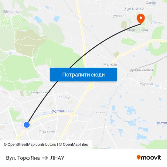 Вул. Торф'Яна to ЛНАУ map