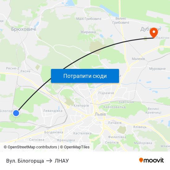 Вул. Білогорща to ЛНАУ map