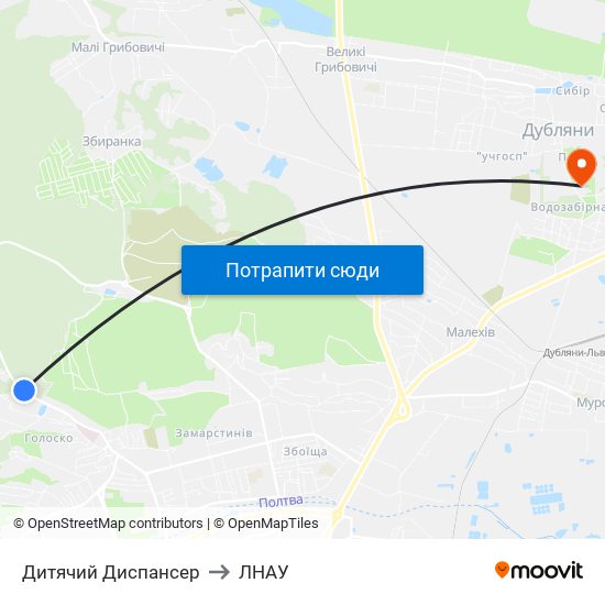 Дитячий Диспансер to ЛНАУ map