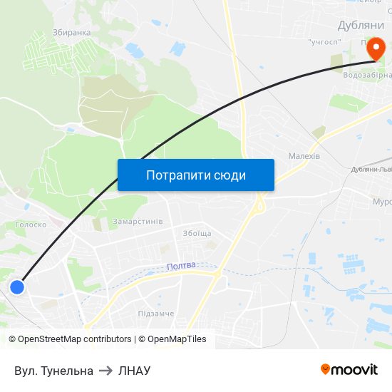 Вул. Тунельна to ЛНАУ map