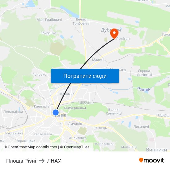 Площа Різні to ЛНАУ map