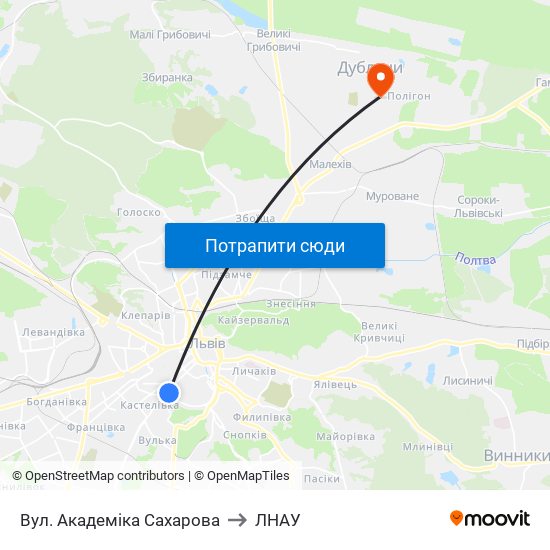 Вул. Академіка Сахарова to ЛНАУ map