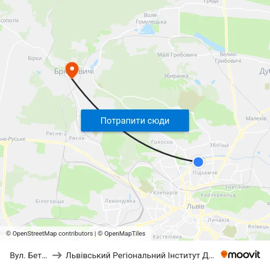 Вул. Бетховена to Львівський Регіональний Інститут Державного Управління map