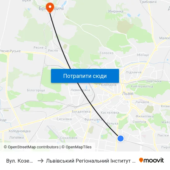 Вул. Козельницька to Львівський Регіональний Інститут Державного Управління map