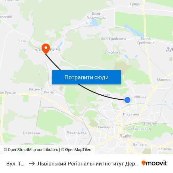 Вул. Тичини to Львівський Регіональний Інститут Державного Управління map