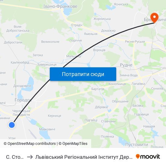 С. Стоділки to Львівський Регіональний Інститут Державного Управління map