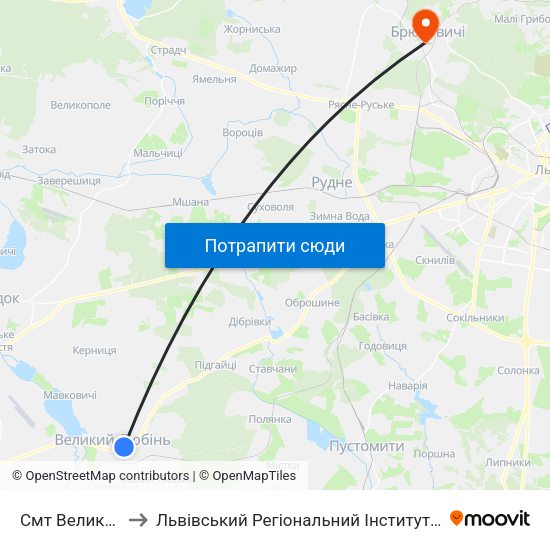 Смт Великий Любінь to Львівський Регіональний Інститут Державного Управління map