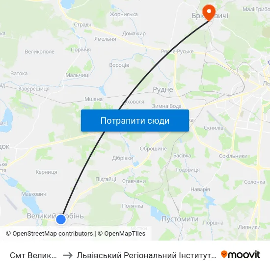 Смт Великий Любінь to Львівський Регіональний Інститут Державного Управління map